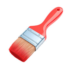 A red-handled paintbrush with a full head of light-brown bristles, metallic ferrule, angled slightly to the right