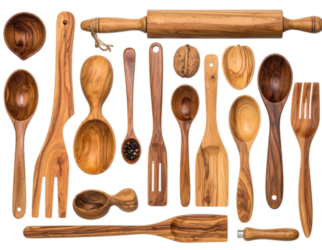 Assorted wooden kitchen utensils arranged in a grid - Powered by Adobe