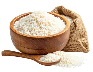 White rice in a wooden bowl and burlap sack
