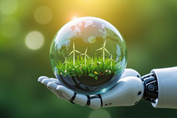 Robot hand holding transparent globe with wind turbine and green grass inside
