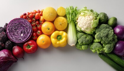 Rainbow of fresh produce arranged in a curved arc on a light gray surface