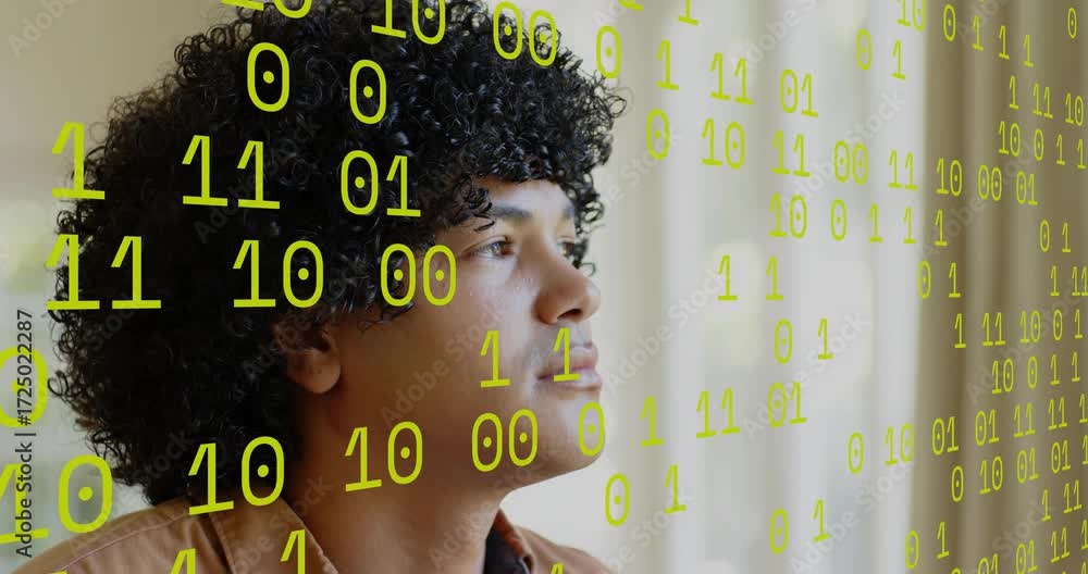Poster man sitting beside window staring initiating cascading binary digits showing technology insight