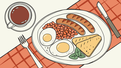 Delicious english breakfast with fried eggs sausages beans and toast vector illustration design art food