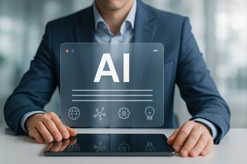 Businessman using tablet with glowing holographic AI interface showing icons for web, settings, and ideas
