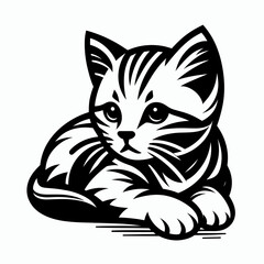 Obraz premium Cute striped kitten lying down in black and white illustration 
