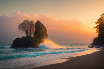 beautiful landscape of sea and small island at sunset, beautiful view of waves and nature