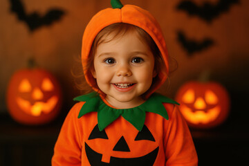 girl 6 years in pumpkin costume celebrating halloween with jack-o'-lanterns for festive card design