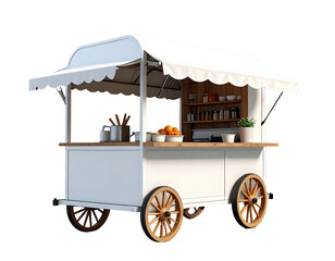 White food cart with awning and wooden accents