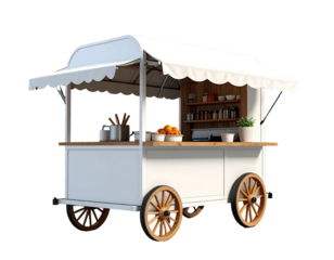 White food cart with awning and wooden accents