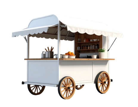 White food cart with awning and wooden accents - Powered by Adobe