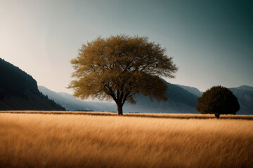 beautiful landscape of autumn forest at sunset, yellow trees and sunlight