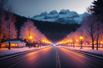 beautiful landscape of winter road and forest in snow, beautiful nature