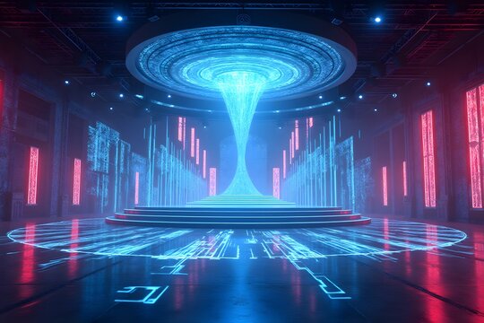 A futuristic stage with holographic projections and neon décor.