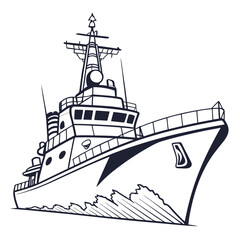 Illustration of a modern navy ship, showcasing its sleek design and powerful presence on the water, perfect for naval themes and maritime adventures