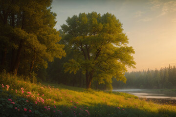 beautiful landscape of summer forest at sunset, beautiful nature