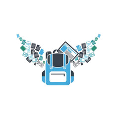 Backpack icon set for education and business with flying documents and a laptop, vector illustration