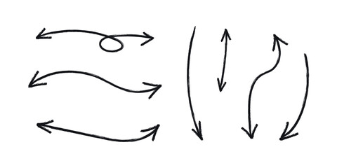 Hand drawn crayon movement arrow collection. Grunge squiggly arrow set. Pencil chalk lines sketch. Color brush scribble element set. Doodle vector illustration.