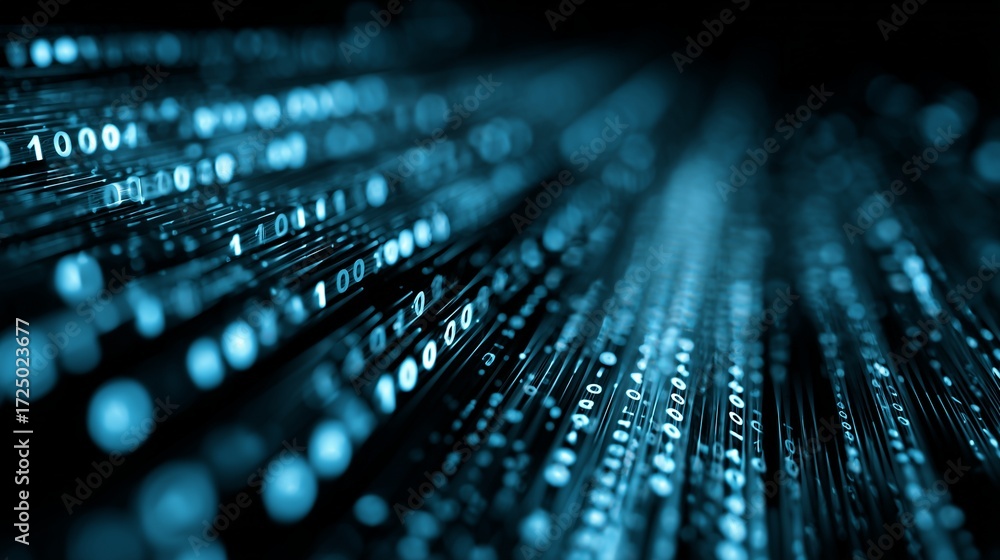 Poster digital data streams background with binary code flowing in blue tones, tech-inspired design