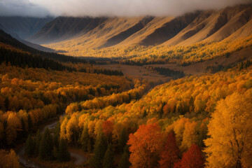 beautiful landscape of autumn forest at sunset, yellow trees and sunlight