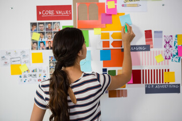 Hispanic woman standing in studio attaching sticky note with green marker on brainstorming board