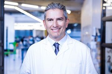 Doctor wearing white coat and tie, standing and smiling in hospital hall with lit ceiling panels
