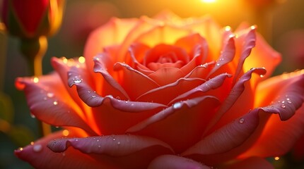 A stunning close-up of a vibrant orange rose with delicate water droplets on its petals, backlit by the warm glow of a golden sunset.