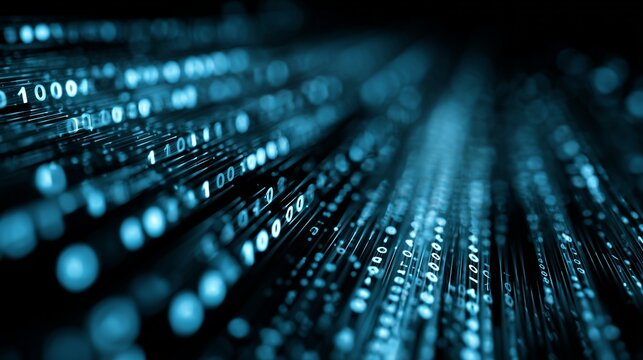 Digital data streams background with binary code flowing in blue tones, tech-inspired design