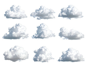 Twelve stylized cloud shapes, various forms and sizes, on a black background