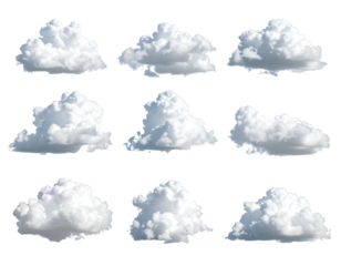 Twelve stylized cloud shapes, various forms and sizes, on a black background