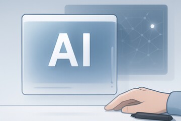 AI interface hovering above stylus and hand with digital neural network screen in background
