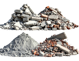 Two piles of construction debris, one of concrete and rubble, the other of crushed gray aggregate