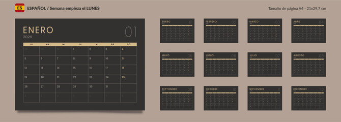 2026 Spanish language Set of Monthly pages Calendar Planner Templates. Vector layout of a wall or desk simple calendar with week start Monday in dark color for print. Pages size A4 21x29.7cm