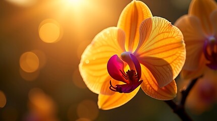 A close-up, backlit view of a vibrant orange orchid with delicate petals and a deep magenta center, bathed in warm golden sunlight.