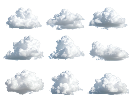 Twelve stylized cloud shapes, various forms and sizes, on a black background