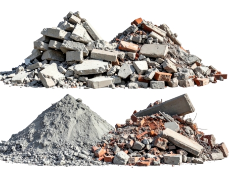 Two piles of construction debris, one of concrete and rubble, the other of crushed gray aggregate