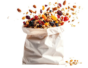 Paper bag overflowing with mixed granola, nuts, and dried fruit