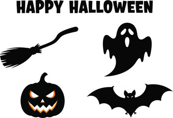 Obraz premium Happy halloween vector illustration with spooky pumpkin, bat, ghost, and broom