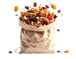 Brown paper bag overflowing with granola, dried fruit, and nuts