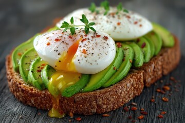 Healthy avocado toast topped with perfectly poached eggs seasoned with cracked black pepper and chili flakes served on a rustic wooden table reflecting modern culinary trends and nutritional