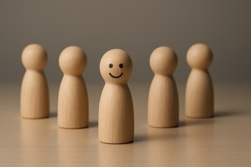 Happy wooden peg figure standing out from group symbolizing individuality and positivity