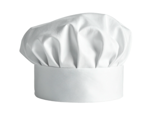 A white chef's hat, classic and simple design, isolated against a black background