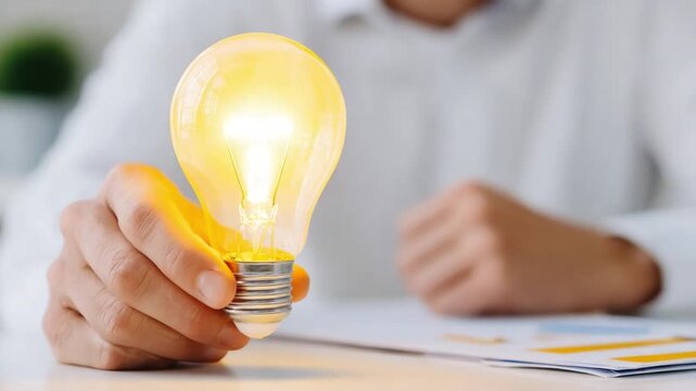 Illuminating Idea: A person's hand holds a glowing lightbulb, representing a brilliant idea, innovation, and creative energy. The image conveys concepts such as insight, inspiration, and ingenuity.