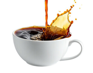 Coffee being poured into a white cup, creating a splash