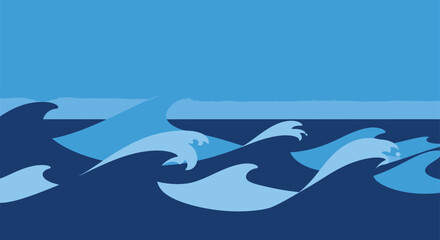 Fototapeta premium Stylized ocean waves background, blue sea water ripples in flat vector style, nautical marine landscape for summer travel banners