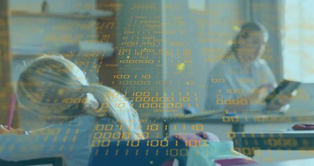 student resting camera panning to teacher using phone+laptop planning with binary code in classroom - Powered by Adobe