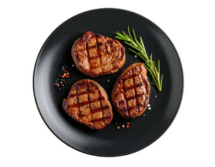 Three grilled steaks on a black plate, seasoned with herbs and spices