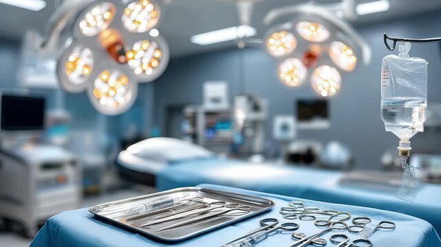 Close-up of surgical instruments arranged on a tray in a high-tech operating room ready for the procedure