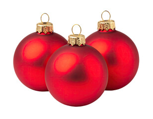 Three glossy red Christmas ornaments, clustered together, against a black background.  Gold-colored hanging loops
