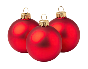 Three glossy red Christmas ornaments, clustered together, against a black background.  Gold-colored hanging loops