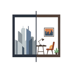 Modern office workspace icon and city skyline icon set, vector illustration representing work-life balance and urban living